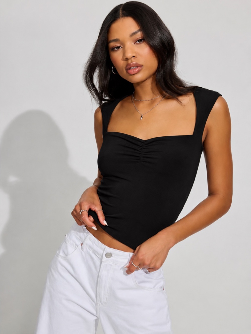 Garage Square Neck Ruched Black Tank Top - Women